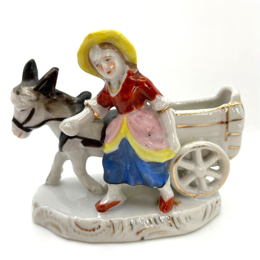 Vintage Decorative Toothpick Holder, Mid Century Porcelain Lady with Donkey Cart